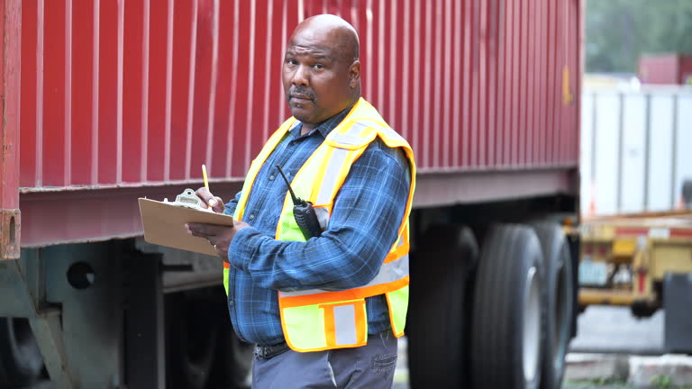 A mature African-American man working at a trucking company, writing on a clipboard as he inspects a semi-trailer. He looks toward the camera with a serious expression.